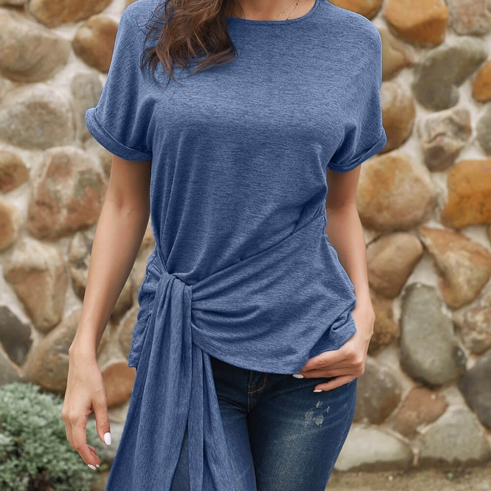 Brand New Blue Wrap Self Tie Waist Short Sleeve Top - Picture 4 of 4